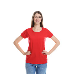 Obraz premium Woman wearing blank red t-shirt on white background. Mockup for design