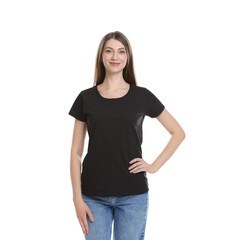 Obraz premium Woman wearing blank black t-shirt on white background. Mockup for design