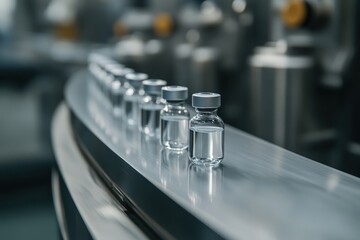 Pharmaceutical manufacturing line producing vials filled with liquid medicine