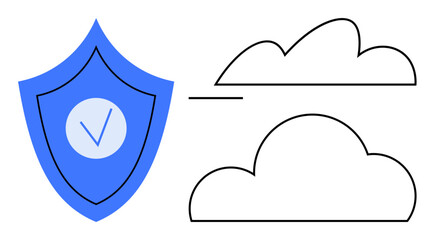 Blue shield with checkmark near minimal outlined clouds, symbolizing data security, reliability, and trust. Ideal for security, technology, IT, cloud storage protection privacy transparency. Flat