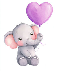 Naklejka premium Charming baby elephant holding purple balloon, watercolor style, cute and playful. Perfect for nursery decor or children art