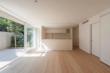 Modern minimalist living room with open kitchen and garden view