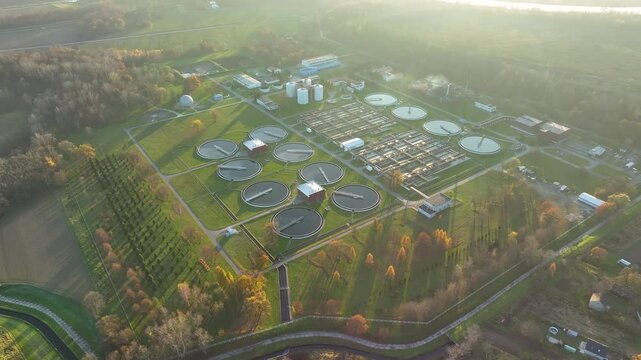 Urban wastewater treatment plant showcases modern water purification in aerial view