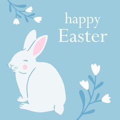 Easter cute greeting card design with cute white rabbits. Vector illustration.	