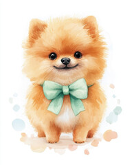Fluffy Pomeranian dog with pastel mint green bow, looking cheerful and playful