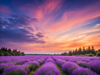 Fototapeta premium lavender field at sunset. field, landscape, lavender, flower, sky, nature, summer, purple, spring, meadow, agriculture, sunset, green, flowers, countryside, rural, grass, tree, provence, plant, france
