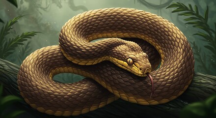Fototapeta premium Coiled Snake Resting on Branch in Lush Green Jungle Illustration
