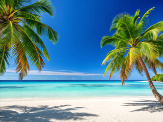 tropical beach with palm trees. beach, palm, sea, tropical, ocean, tree, island, sand, sky, paradise, water, travel, summer, nature, landscape, coast, coconut, vacation, caribbean, holiday, seascape, 