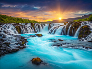 waterfall at sunset. waterfall, water, river, nature, stream, cascade, landscape, forest, rock, fall, flowing, park, flow, creek, stone, falls, green, beautiful, spring, tree, mountain, autumn, enviro