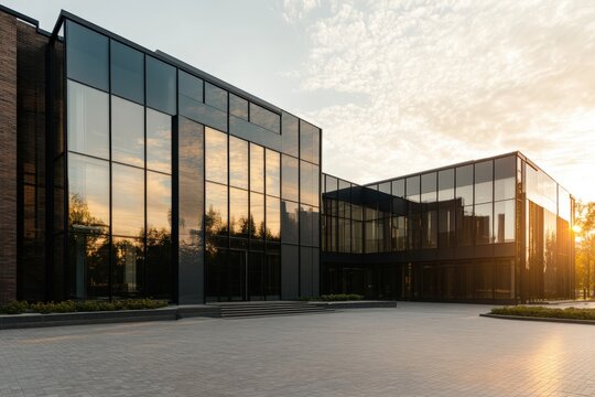 Modern glass office building exterior reflecting golden sunset light