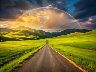 Obraz premium landscape with rainbow. rainbow, sky, landscape, field, nature, road, clouds, grass, rain, meadow, cloud, storm, summer, green, weather, countryside, horizon, sun, spring, rural, farm, tree, sunset, e