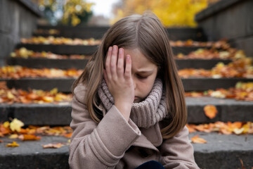 Sad young girl sitting on outdoor stairs, covering her face with one hand, autumn leaves in background