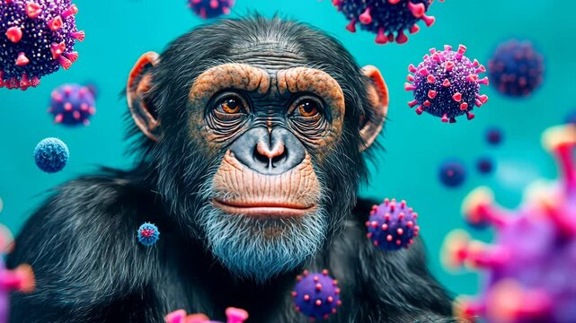 Chimpanzee surrounded by colorful virus particles in a vibrant scientific illustration