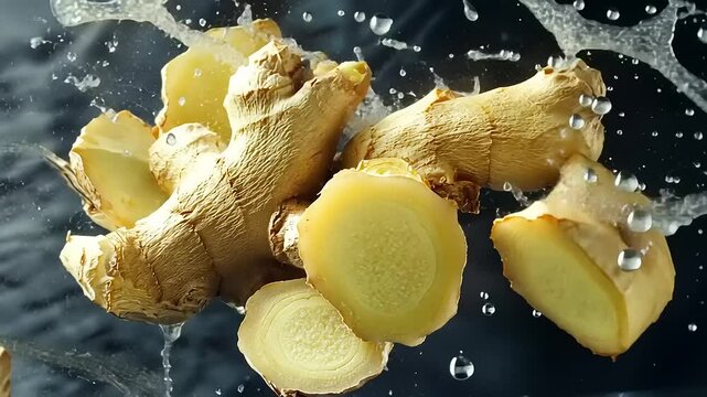 Fresh ginger root splashing in water, highlighting its texture and freshness.