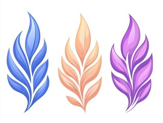 Three stylized leaves in blue, orange, and purple on a white background, ideal for design use