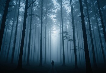 Naklejka premium Solitary Journey In Mystic Forest. Foggy Woods Pathway. Individual Walking Alone. Peaceful Nature Scene. Towering Trees In Mist. Contemplation And Serenity. Forest Exploration Scene.