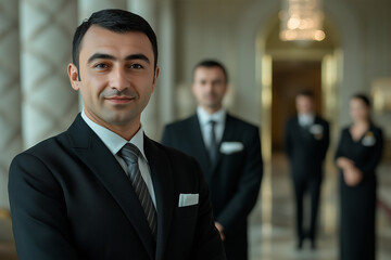 Photography of Uzbekistan team of professional workers in a modern hotel.	

