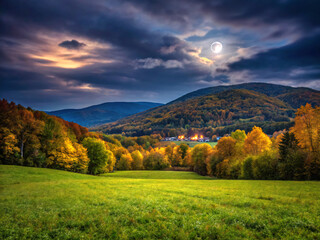Obraz premium autumn landscape in the mountains. landscape, sky, nature, grass, mountain, field, summer, tree, green, clouds, forest, meadow, cloud, mountains, hill, countryside, sunset, view, autumn, sun, panorama