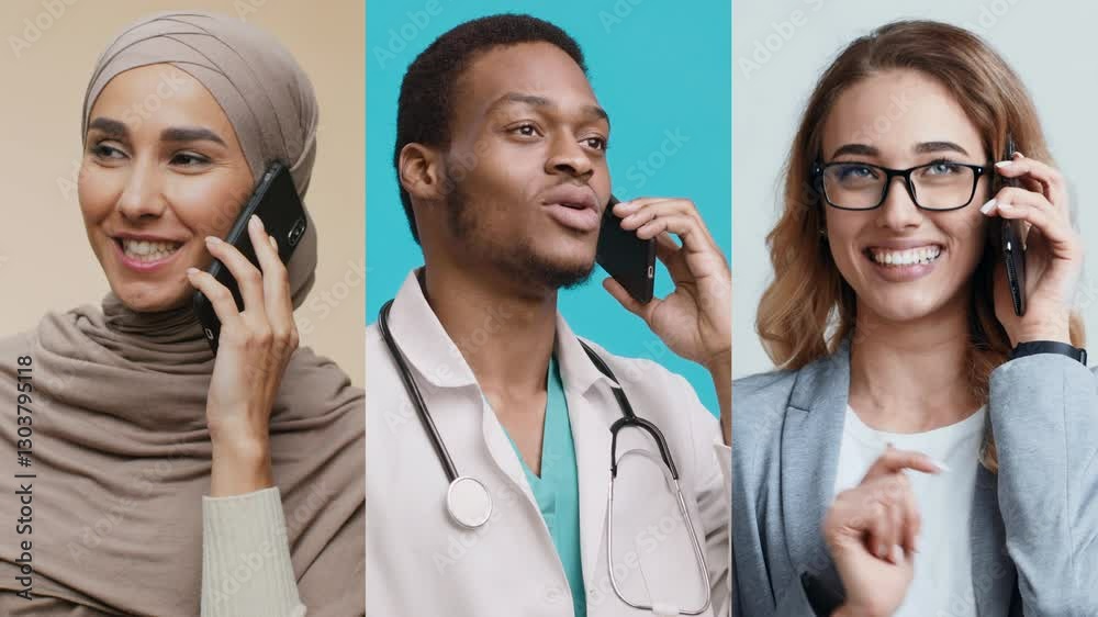 Poster three professionals are using their phones to communicate, showcasing diversity in attire and backgr