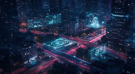 Futuristic Cityscape with Data Overlays and Highway Traffic at Night