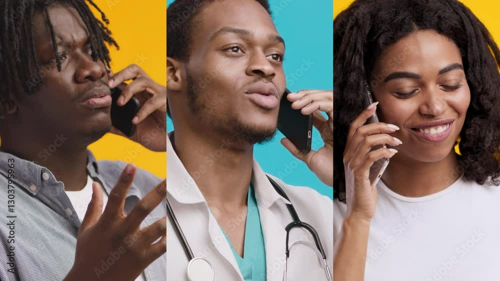 Poster Three individuals are on phone calls, showcasing diverse expressions and attire. The setting features vibrant colors, highlighting their unique personalities and interactions at a casual moment.