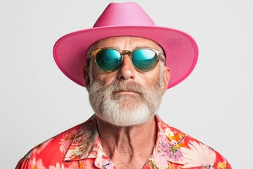Stylish senior man wearing a pink hat and sunglasses, exuding confidence with a floral shirt against a light background, perfect for summer fashion concepts