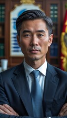 Fototapeta premium Asian middle aged guy politician inside government office background