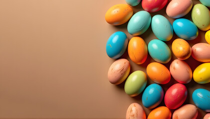 Obraz premium Multicolored easter eggs scattered on a mocha mousse background