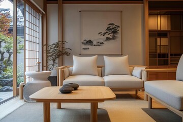 Obraz premium Serene Minimalist Japanese Living Room Interior Design Modern Wooden Sofa Natural Light Peaceful Atmosphere Tranquil Space Zen Style Home Decor 