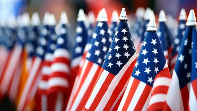 Small American flags on display during a national celebration event at a community park in summer