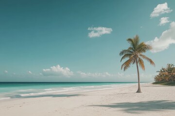 Obraz premium Palm tree standing on tropical white sand beach with turquoise water