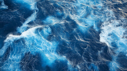 Aerial view of deep blue ocean waves with white foam