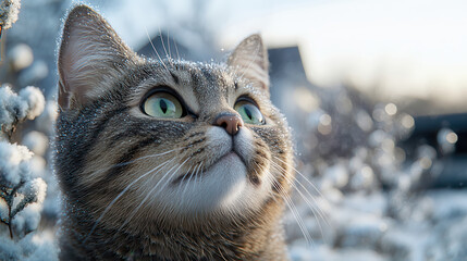 Close up Image of cute white and brown pet cat's face looking at something outdoors in winter snow
