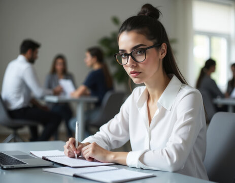 serious young businesswoman in glasses writing in notebook while sitting at desk in office - Powered by Adobe