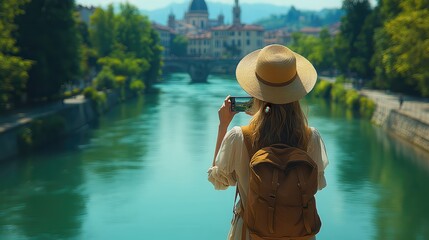 Photo of a woman with long blonde hair wearing a straw hat, carrying a brown backpack and wearing travel attire, taking pictures of a beautiful river flowing in the city with her cell phone