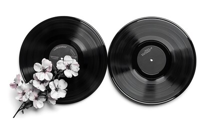 Classic vinyl records with detailed grooves and vintage labels, isolated on white background