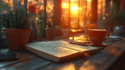 An emotional and warm photo of a coffee cup, notebook, pencil, and other writing utensils placed on a large window table with the setting sun shining through.