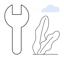 Large outlined wrench adjacent to abstract plant shapes with a faint cloud above. Ideal for eco-friendliness, repair, maintenance, sustainability, balance, innovation, growth. Flat simple metaphor