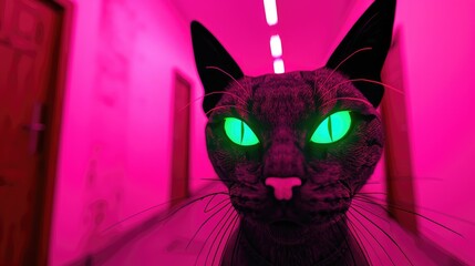 Striking Cat with Neon Green Eyes in a Colorful Hallway Scene