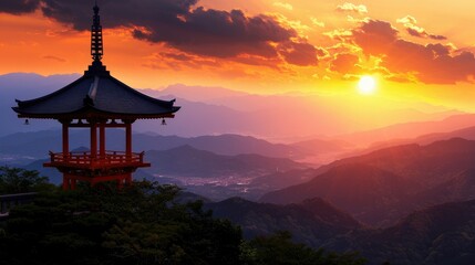 Pagoda silhouette against a vibrant sunset, tranquil atmosphere, lush greenery in foreground, magical twilight ambiance.
