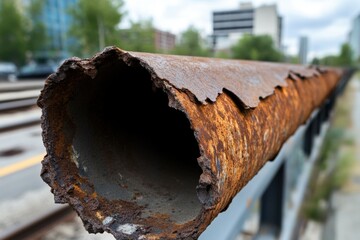 Fototapeta premium A rusty, decaying metal pipe with flaking paint, showing signs of age and corrosion beside a blurred urban backdrop.