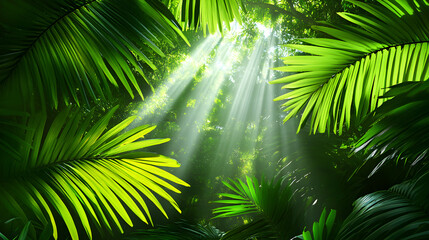 A Lush, Sun-Drenched Jungle Filled with Vibrant Flora and Fauna, Showcasing Sunlight Filtering Through Green Canopies and Illuminating Exotic Plants and Wildlife