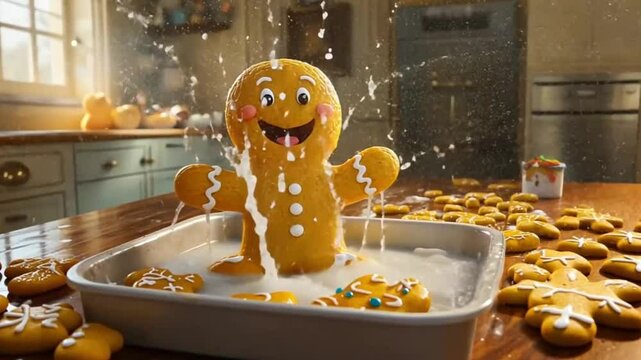 Gingerbread Man Jumping in Milk, Festive Kitchen Scene, Holiday Baking