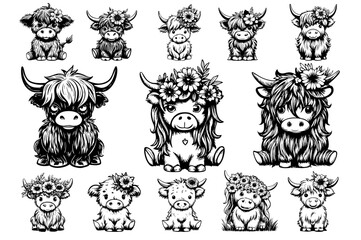 Fototapeta premium Cow Highland Cute Headband Baby Girl Gift DIY Doodle Clipart Silhouette