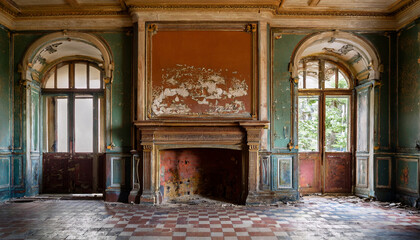 An abandoned, decaying mansion room features a grand fireplace with peeling paint and intricate architectural details.
