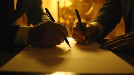 two professionals signing a contract under ambient lighting, symbolizing trust and collaboration