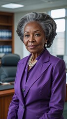 Fototapeta premium black African elderly woman in purple formal suit whole body portrait in office background