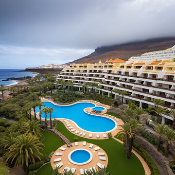 Overcast day in the busy, overbuilt resort with popular hotels surrounded by gardens and amenities from Mirador del Gaviota, Playa del Duque, Costa Adeje, Tenerife, Canary Islands, Spain