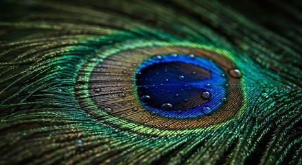 Fototapeta premium Peacock Feather Close-up with Water Droplets Displaying Vibrant Colors