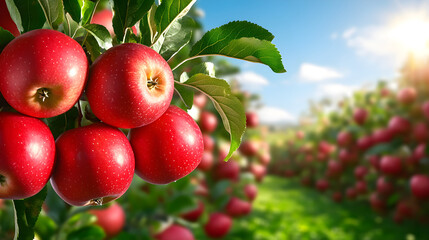 Obraz premium A picturesque orchard teeming with vibrant trees, heavily laden with luscious, ripe apples under a clear blue sky, evoking a serene and fruitful harvest mood.